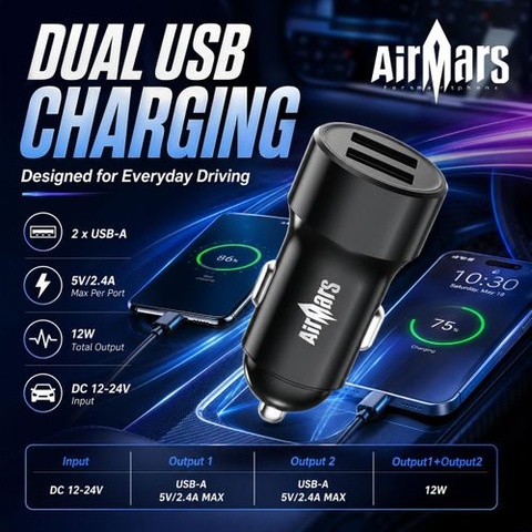 AirMars ACC20D 12W Dual Port Car Charger 5V/2.4A Fast Charging Car Adapter with USB-C Cable