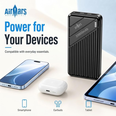 AirMars APB05 20000mAh Slim Portable Power Bank 2A Fast Charging Dual USB-A USB-C Input 4 LED Power Display for Phone Tablet