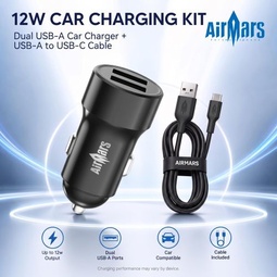 AirMars ACC20D 12W Dual Port Car Charger 5V/2.4A Fast Charging Car Adapter with USB-C Cable