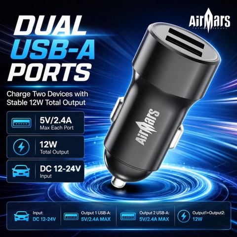 AirMars ACC20D 12W Dual Port Car Charger 5V/2.4A Fast Charging Car Adapter with USB-C Cable