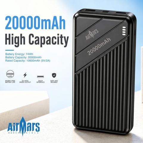 AirMars APB05 20000mAh Slim Portable Power Bank 2A Fast Charging Dual USB-A USB-C Input 4 LED Power Display for Phone Tablet