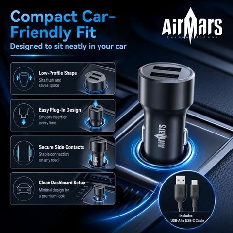 AirMars ACC20D 12W Dual Port Car Charger 5V/2.4A Fast Charging Car Adapter with USB-C Cable